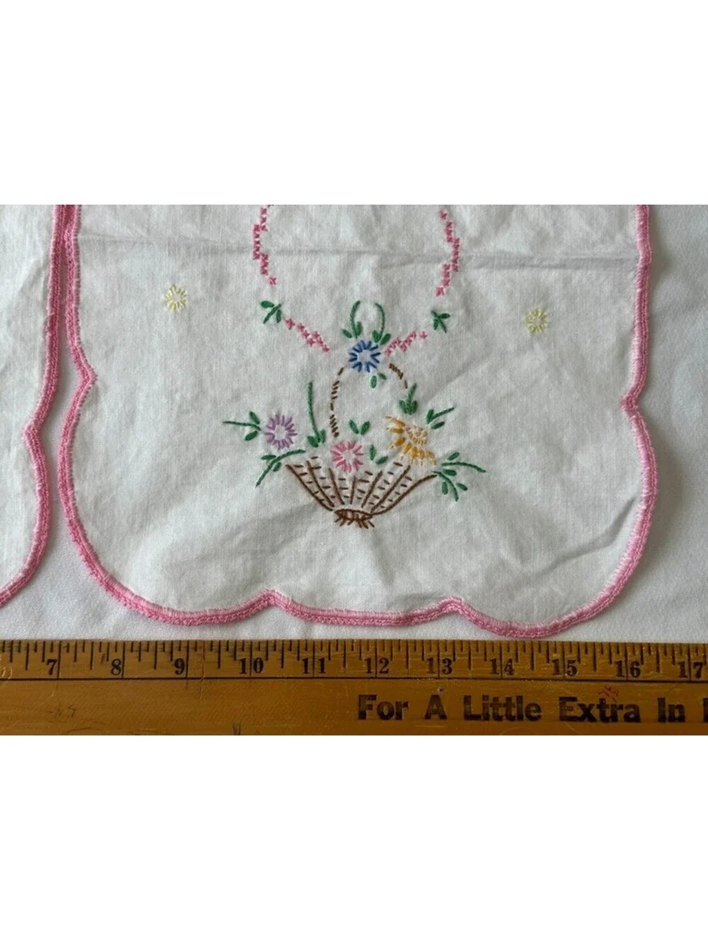 Vintage Hand Embroidered Dresser Lot Pink Flowers Basket Floral Leaves Green